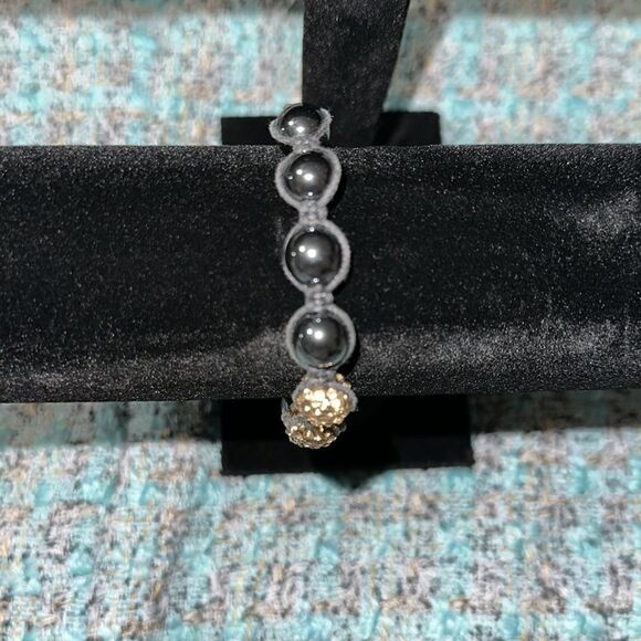 Beaded Black Steel Champagne Cz Center Jewels Braided Jute Bracelet - Picture 5 of 5